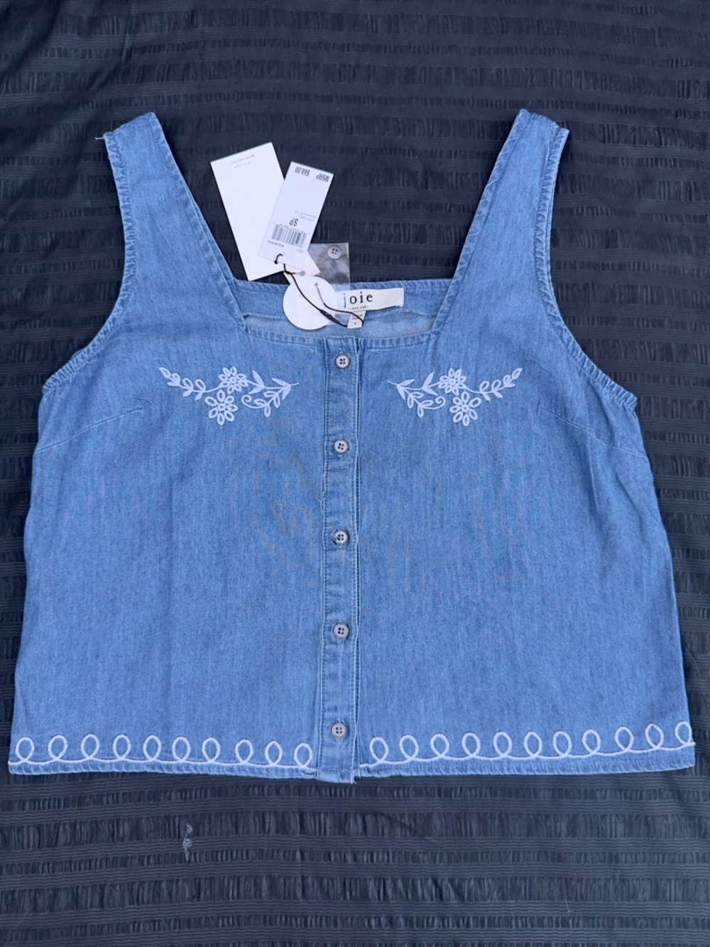 joie Top Light Blue Embroidered Denim